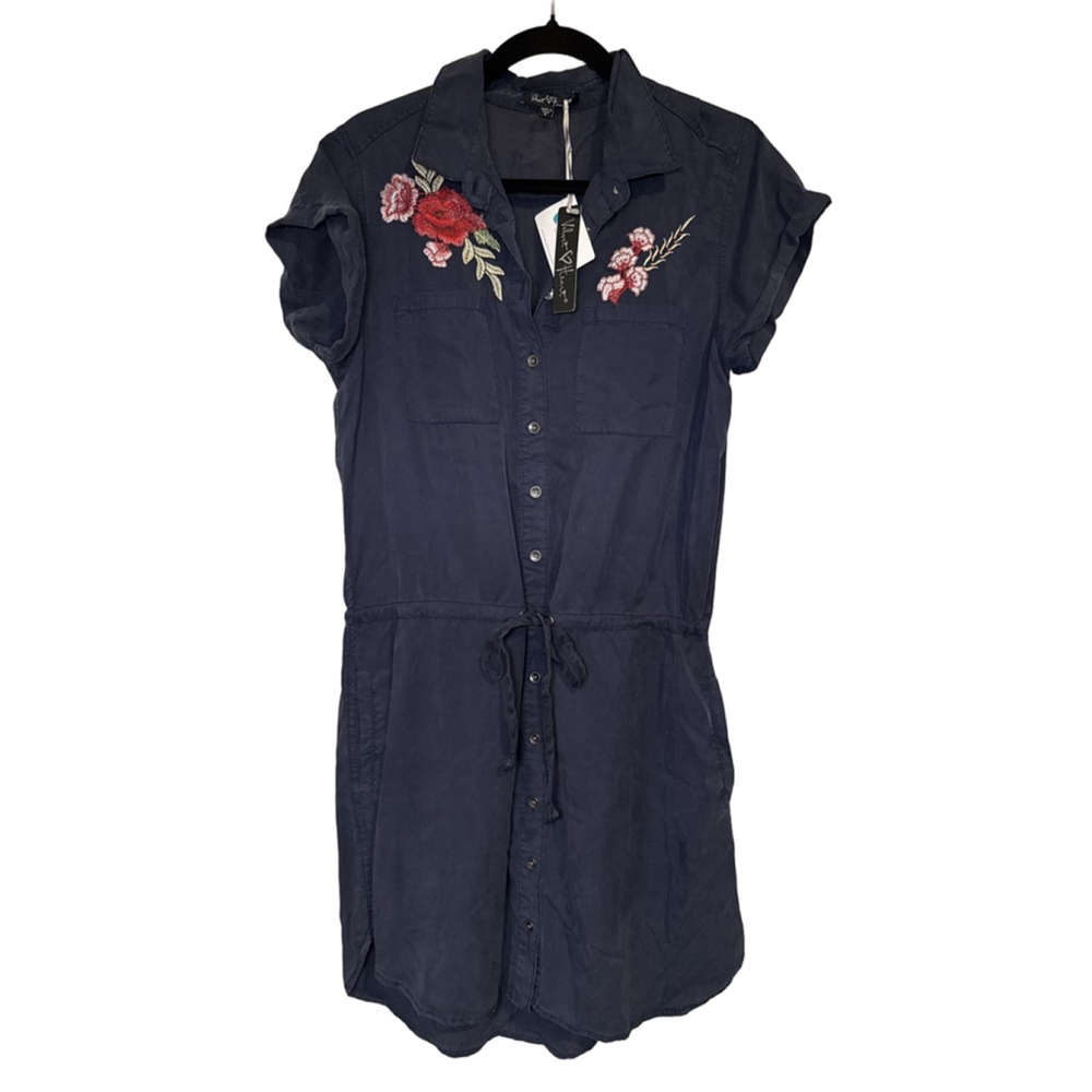 VELVET HEART Size S NWT Embroidered Floral Tencel Dark Blue Dress
